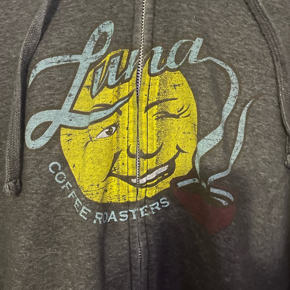 Luna Coffee Roasters Zip Up Hoodie District Brand Large Charcoal Gray Graphic - Picture 2 of 5